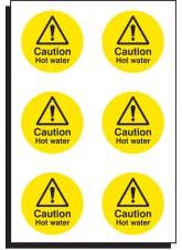 6 x Caution Hot Water - 65mm Diameter