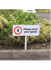 5mph Please Mind Your Speed - White Powder Coated Aluminium - 450 x 150mm (800mm Post)