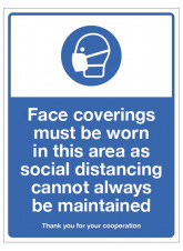 Face coverings must be worn in this Area as social distancing cannot always be maintained